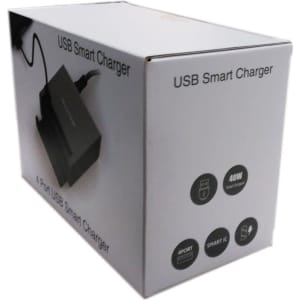 A grey USB Smart Charger box, featuring a logo, showing a four-port design. The box is plain with a white background.