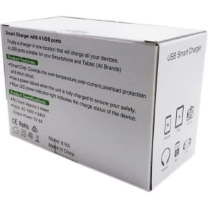 A white box containing a USB Smart Charger with four USB ports, featuring a logo and various product details on the side.
