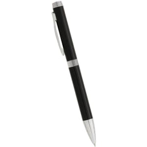 A black metal ballpoint pen with silver accents and a twist action mechanism. It features a clip and a textured grip.