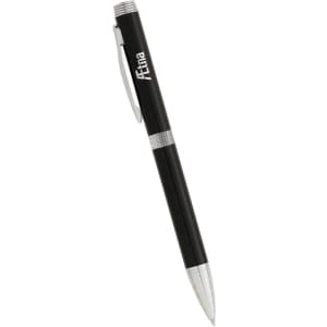 A black metal ballpoint pen with silver accents and a logo on the barrel.