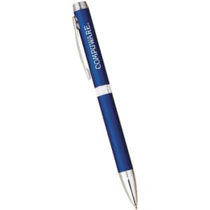 A blue metal ballpoint pen with silver accents and a branding logo. Features a twist action mechanism.