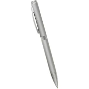 A silver metal ballpoint pen with a twist action mechanism and a textured grip, featuring a clip and branding.