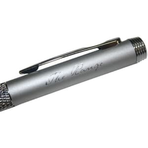 A silver and textured metal ballpoint pen with a clip and branding on the barrel.