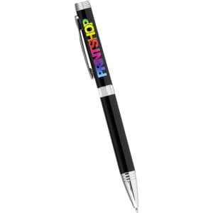A black ballpoint pen with a twist action mechanism and a silver accent, featuring a logo.