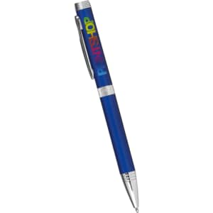 A blue metal ballpoint pen with a silver clip and a logo on the barrel.