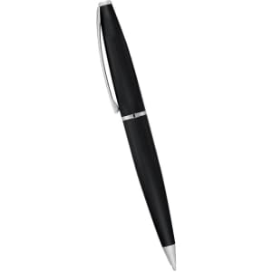 A sleek black metal pen with a silver clip and accents, featuring a twist action mechanism.