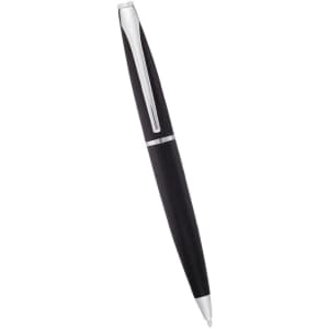 A black twist action pen with a metal clip and a sleek design, featuring a silver accent.