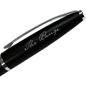 A black metal twist action pen with a glossy finish and a silver clip, featuring engraved text and a logo.