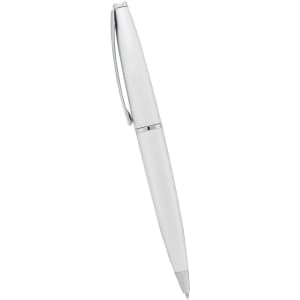 A metal twist action pen in white with chrome accents, featuring a clip and a logo.