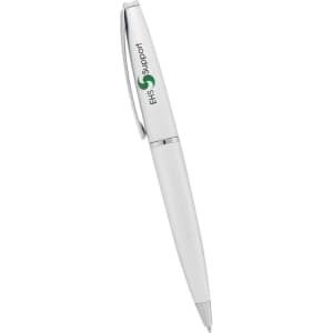 A white metal twist action pen with a silver accent and a branding logo.