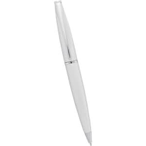 A sleek white metal pen with a chrome clip and detailing, featuring a twist action mechanism.