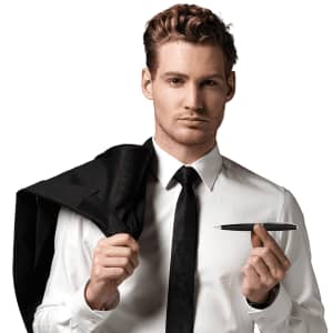 A metal twist action pen held by a man in formal attire, with a black suit jacket draped over one shoulder.