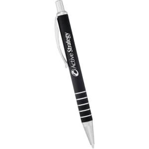 A black Kingston Click ballpoint pen with silver accents and a branding logo on the barrel.