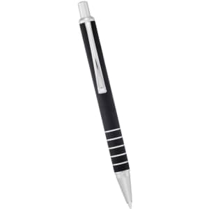 A sleek black ballpoint pen with silver accents and a clip, featuring a modern design.