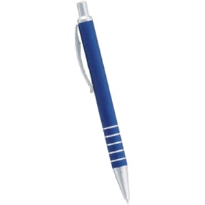 A blue metal ballpoint pen with silver accents and a clip, featuring horizontal stripes on the barrel.