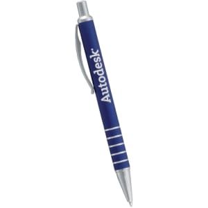 A ballpoint pen in blue with silver accents and a branding logo. It features a clip for easy attachment.