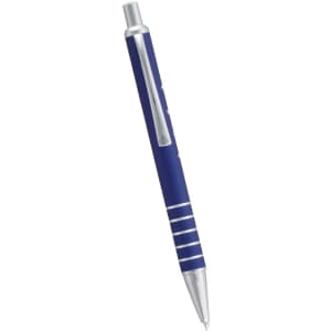 A blue metal ballpoint pen with silver accents and a pocket clip, featuring a logo on the barrel.