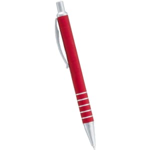 A red ballpoint pen with silver accents and a clip, featuring a simple design and a branding logo.