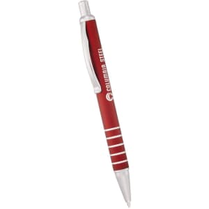 A red ballpoint pen with a silver clip and accents, featuring a logo on the barrel.