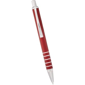 A red metal ballpoint pen with a shiny chrome clip and accents, featuring a logo on the barrel.