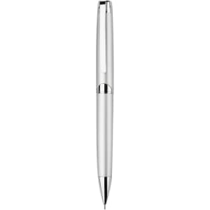 A silver mechanical pencil with a polished chrome accent and a twist action mechanism. It features a logo on the body.