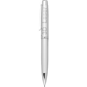 A silver twist action mechanical pencil with a clip and a branding logo on the barrel.