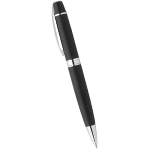 A black ballpoint pen with silver accents and a sleek design, featuring a branded logo.