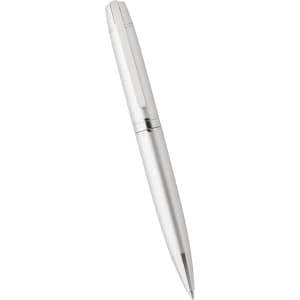 A silver ballpoint pen with a metal finish, featuring a clip and chrome accents. It has a logo.
