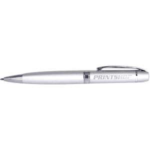 A metallic grey pencil with a shiny silver clip and branding on the barrel.