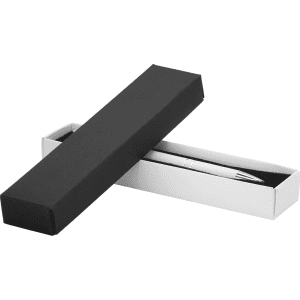 A sleek black and white single pen box, open to reveal a silver pen inside. Includes branding on the box.