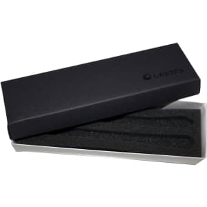 A black double pen box with a foam insert, featuring a white base and a logo on the lid.