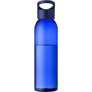 A drink bottle in a vibrant blue colour, featuring a handle and a logo. Made from Tritan, 650ml capacity.
