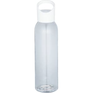 A drink bottle made of clear Tritan material with a white lid and a handle. Features a logo on the body.