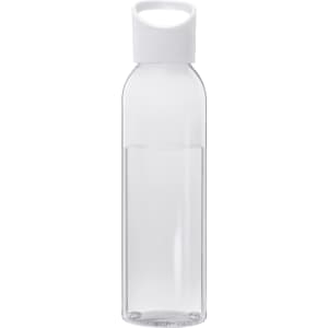 A drink bottle made of clear Tritan material with a white cap, featuring a logo.