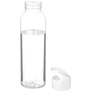 A drink bottle with a transparent design, featuring a white cap and filled with water.