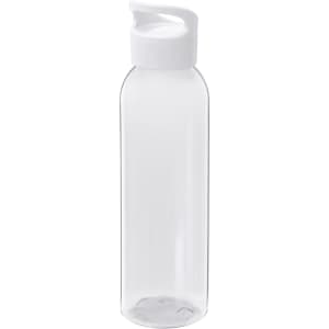 A drink bottle in clear Tritan material with a white lid, featuring a simple design and a secure cap.