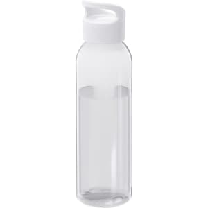A drink bottle in clear Tritan material with a white lid, featuring a branding logo. Holds 650ml.