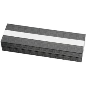 A sleek grey pen box with a textured design, featuring a white band across the top and a logo.