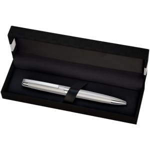 A silver pen in a black box with a sleek design, featuring a fabric holder and a logo on the box.