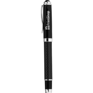 A black carbon fibre rollerball pen with chrome accents and a branding logo.