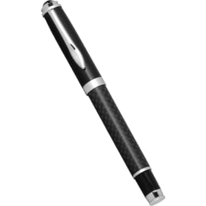 A carbon fibre rollerball pen with a sleek black design and silver accents, featuring a logo on the body.
