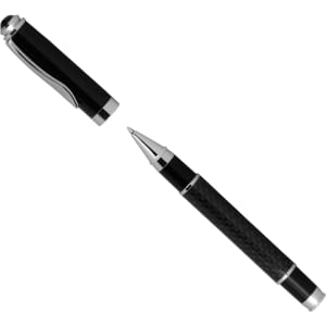 A black rollerball pen with a carbon fibre barrel and silver accents, featuring a clip and a cap.