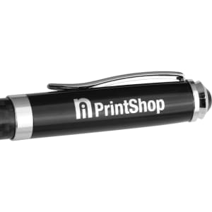 A black carbon fibre rollerball pen featuring a silver clip and a branding logo.
