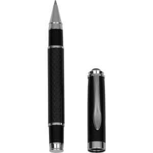 A sleek black carbon fibre rollerball pen with silver accents and a detachable cap. It features a branded logo.