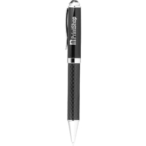 A sleek black carbon fibre ballpoint pen with chrome accents and a logo on the barrel.
