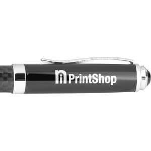 A carbon fibre ballpoint pen featuring a sleek black finish and silver accents, with a logo on the barrel.