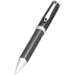 A sleek black carbon fibre ballpoint pen with silver accents and a polished design. It features a logo on the body.