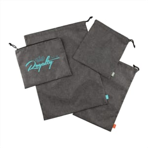 A set of grey recycled clean bags in various sizes, featuring a logo and drawstring closures.