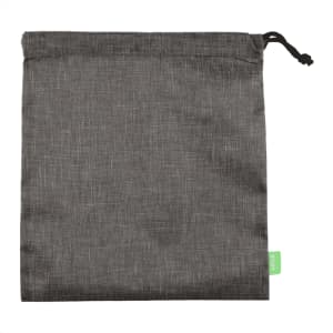 A grey toiletry bag with a drawstring closure and a small logo tag in green.