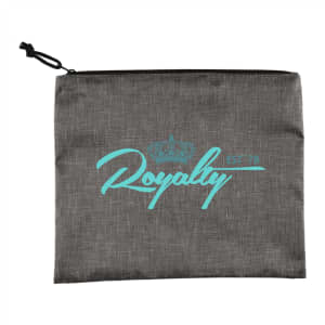 A grey toiletry bag with a turquoise logo and a zip closure, ideal for storing personal items.
